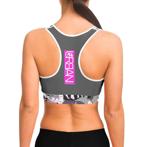 Gray and pink elephatigue sports bra