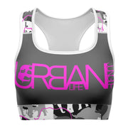 Gray and pink elephatigue sports bra